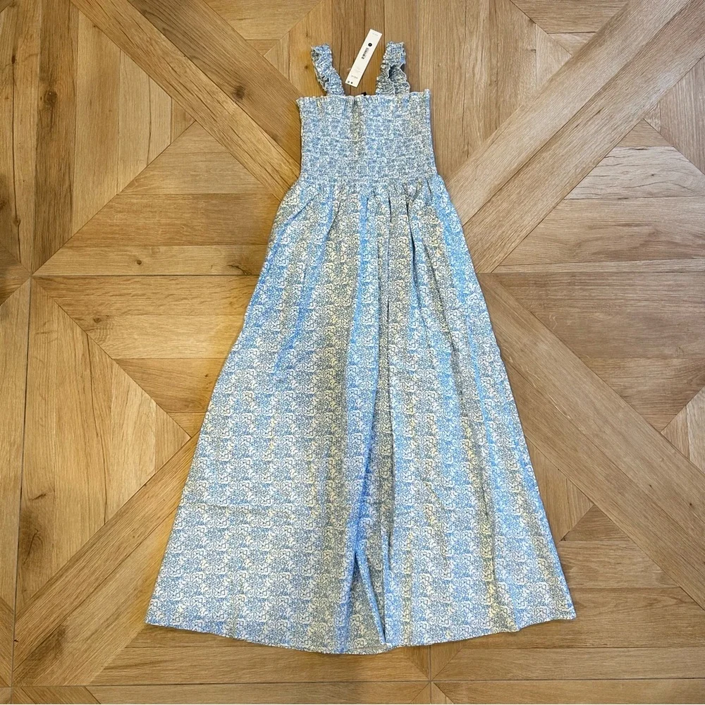 New with Tags! Bloomingdales Aqua printed cotton smocked midi dress light blue - Picture 6 of 6